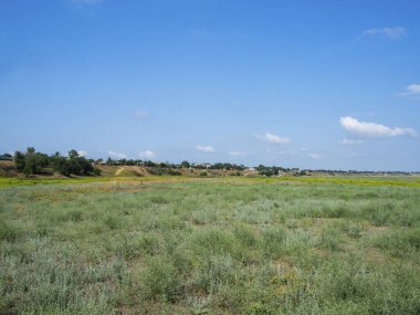 Doğal arka plan. Merkezde, üzerinde beyaz bulutlu mavi bir gökyüzü bulunan yüksek kıyılı bir köy var. Alt kısımda ise gül otları olan büyük bir çayır var..