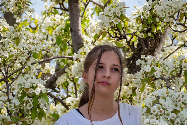 Beautiful Girl Blooming Pear Tree Pensive Dreamy Girl Hairstyle Looks — Stock Photo, Image
