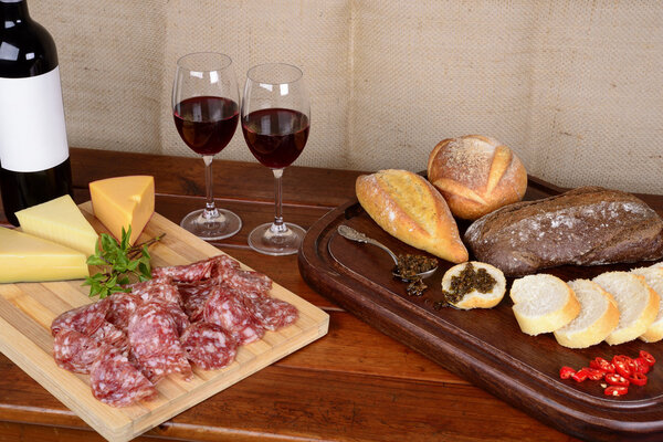 Charcuterie and Cheese Platter, Bread, Chimichurri and Red Wine