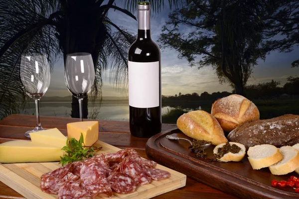 Charcuterie and Cheese Platter, Bread, Chimichurri and Red Wine — Stock Photo, Image