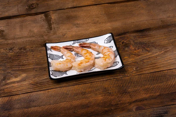 Shrimp Porcelain Plate Dark Wooden Table — Stock Photo, Image