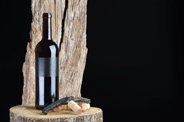 Garrafa de vinho em um toco — Fotografia de Stock