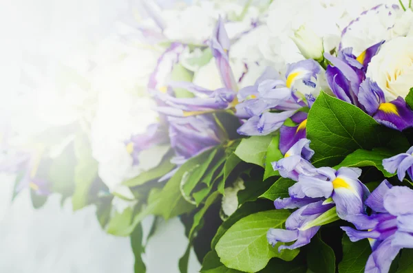 Bellissimo fiore di iris blu, foglie lussureggianti, ortensia bianca, delicate rose crema con sfondo luminoso. Concetto estivo. Copia spazio, testo qui Foto Stock Royalty Free
