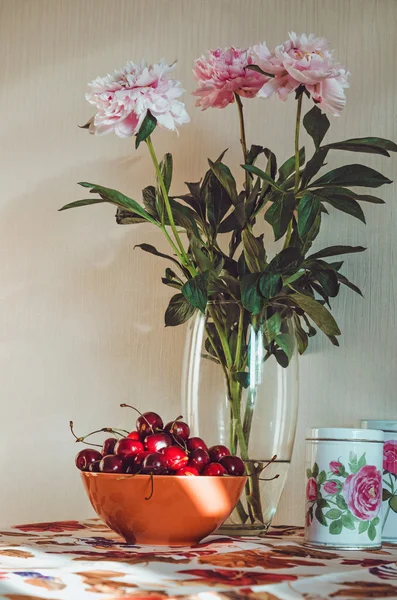 Натюрморт со свежим букетом белых, розовых пионов в стеклянной вазе, темные вишни на столе, винтажная печать скатерти цветы и фуит, цвет марсалы. Сельский стиль. Цветочный бежевый — стоковое фото