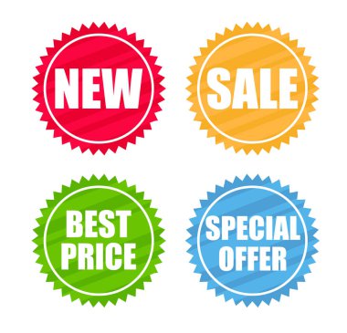 Yeni indirim etiketleri. Yeni, satılık, en iyi fiyat, özel teklif. Ürün promosyonu için çok renkli pullar. İndirim ve fiyat kavramı
