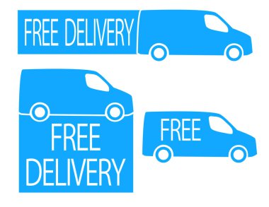  Bedava nakliye hizmeti logosu rozeti. Mavi minibüs. Web siteleri için vektör illüstrasyonu