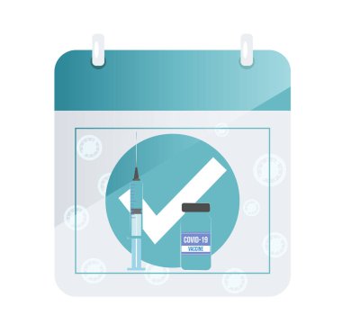 Aşı zamanı. Bir aşı ve şırınganın çizildiği gevşek yapraklı bir takvim. Coronavirus aşısı konsepti