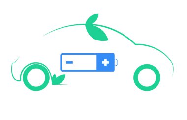  Eko araba logosu şablonu. Yaprakları ve mavi pili olan yeşil araba simgesi. Çevre koruma taşıma sembolü.