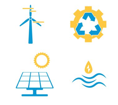  Alternatif enerji kaynakları logosu. Yenilenebilir enerji ya da ekoloji logosu şablonları. Güneş enerjisi, rüzgar enerjisi, hidroelektrik. Geri dönüşüm işareti. Simgelerin dört ögesi.