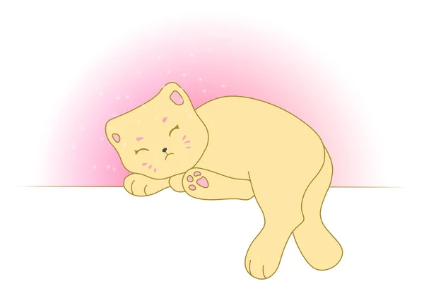 かわいい黄色い子猫が寝ています 子供の漫画スタイルでかわいいフラットベクトルイラスト 面白いキャラクターだ 白地に隔離された — ストックベクタ