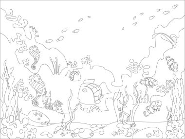  Çocuklar için boyama kitabı. Deniz hayvanları ve bitkiler, deniz yaşamlı renkli çizgi film. Çocuklar için olan görev bir kitapta, dergide kullanılabilir.
