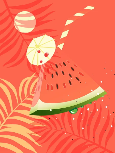Een Schijfje Rijpe Sappige Watermeloen Met Een Rietje Een Paraplu — Stockvector