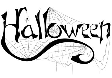  Cadılar Bayramı. Afiş, poster, tebrik kartı, parti davetiyesi için örümcek ve örümcek ağıyla süslü el yazısı. Beyaz arkaplanda izole