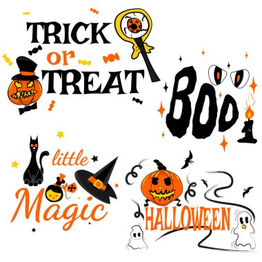 Cadılar Bayramı simgeleri hazır. Tatil için turuncu ve siyah renkler tasarla. Vektör illüstrasyonu