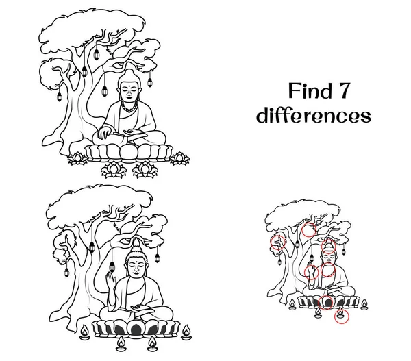Buda heykeli bir ağacın yanında. 7 farklılık bul. Çocuklar için görevler. Renk sayfası