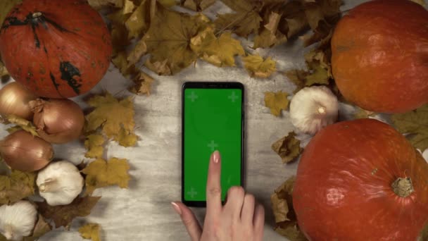 Chica golpecitos y pasa por la pantalla verde del teléfono inteligente en las decoraciones de otoño — Vídeo de stock