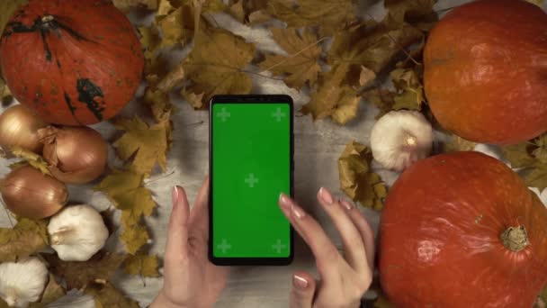 Vrouw houdt mobiele telefoon met groen scherm en maakt vegen en tikken met de rechterhand — Stockvideo