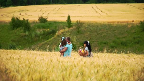 Family with two kids are moving across the field with yellow grass — Stock Video