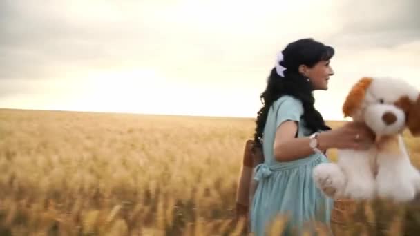 Pregnant mother with toy and basket walks to her family across the field — Stock Video