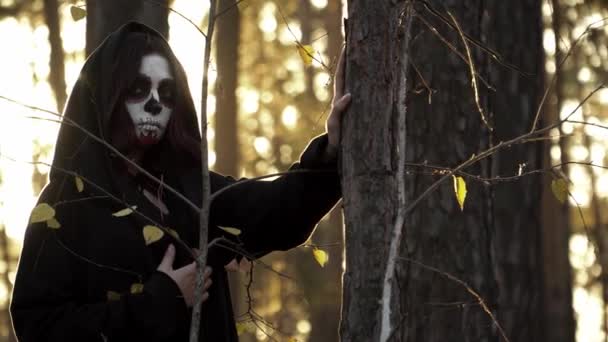 Čarodějnice se Santa Muerte make-up a černá kapuce dotýká stromu a usmívá — Stock video