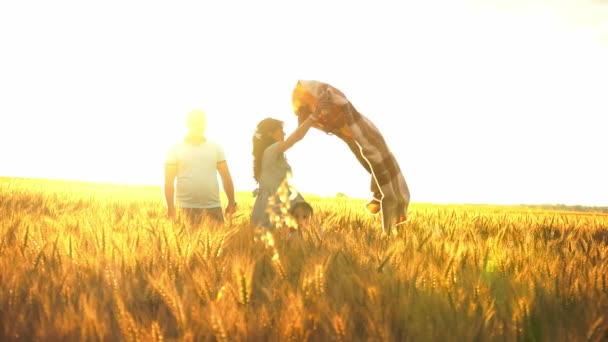 Família caucasiana em um campo de trigo faz preparações para piquenique de verão em câmera lenta ao pôr do sol — Vídeo de Stock