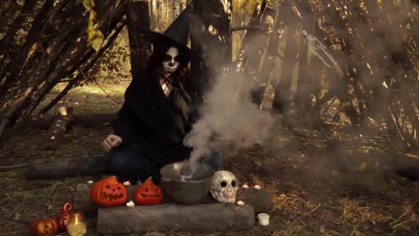 Bruxa no manto com maquiagem Santa Muerte move a mão sobre a fumaça — Vídeo de Stock