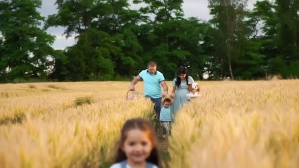 Biała rodzina z dwójką dzieci spaceruje po letnim polu w zwolnionym tempie — Wideo stockowe