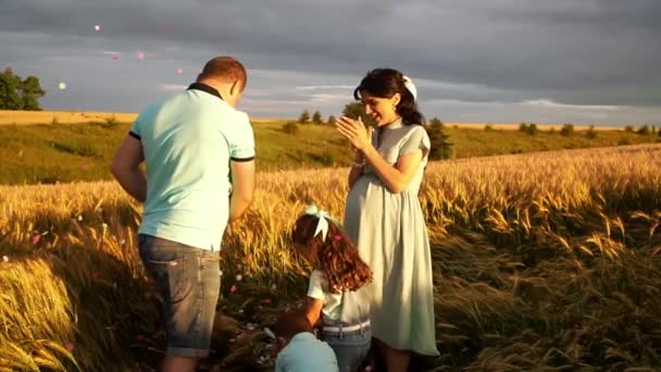 Famiglia con due bambini in piedi in campo pops mongolfiera per conoscere il sesso del futuro bambino — Video Stock