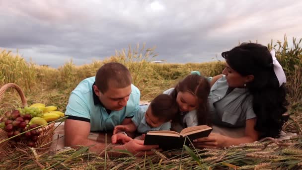 Eine kaukasische Familie liest ein Buch über ein Picknick in einem Weizenfeld in Zeitlupe — Stockvideo
