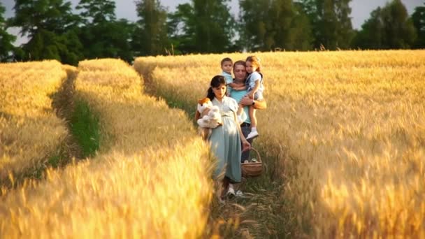 2人の子供を持つ幸せな家族は、スローモーションでピクニックのための場所を求めて夏の小麦畑を歩く — ストック動画