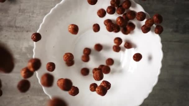 Сухой завтрак, состоящий из шоколадных хлопьев, медленно превращается в белое блюдо — стоковое видео