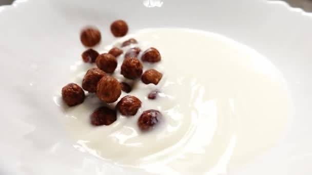 Κοντινό πλάνο της πτώσης μπάλες δημητριακών σοκολάτα σε πιάτο γεμάτο γάλα σε αργή κίνηση — Αρχείο Βίντεο