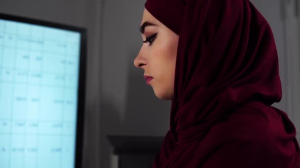Close-up de uma mulher muçulmana em um hijab trabalhando no escritório na frente do monitor de computadores — Vídeo de Stock