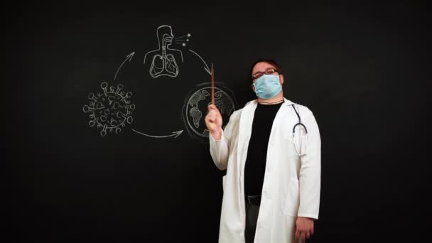 Doktor stojící na tabuli ilustruje oběh koronaviru na zemi — Stock video