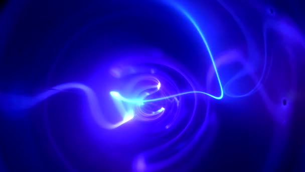 Neon plasma rays are waving from the center in a slow motion in the black background — Stock Video