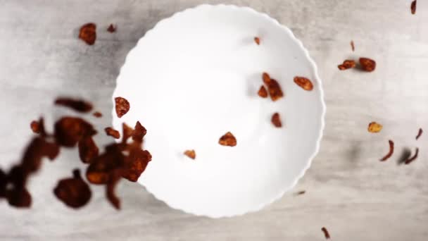 Les flocons de maïs au chocolat volent d'en haut dans un plat blanc au ralenti — Video