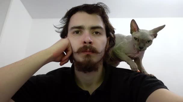 肩に座っているスフィンクスの猫と一緒に点滅し、眠りに落ちている疲れた男の肖像画 — ストック動画