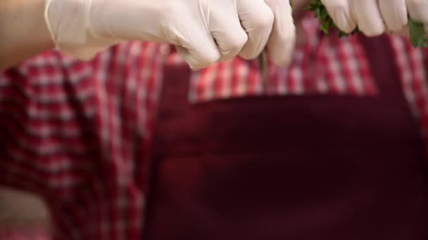 皿の上に新鮮なパセリをリッピングし、投げられている手袋で料理の手のマクロビュー — ストック動画
