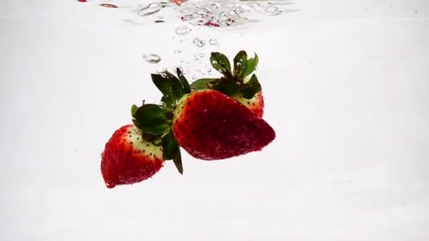 Die Erdbeere fällt mit Spritzern und Blasen in Zeitlupe ins Wasser. — Stockvideo