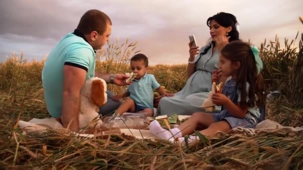 En familjepicknick på naturen på ett sommarfält vid solnedgången i slowmo — Stockvideo