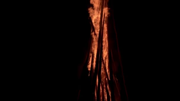 Close-up zicht op grote brandende kampvuur in de duisternis 's nachts in slow motion — Stockvideo