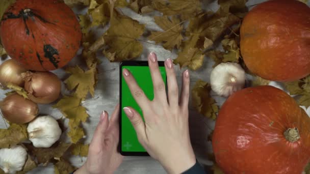 Woman with french manicure taps and swipes smartphone chromakey display — Stockvideo