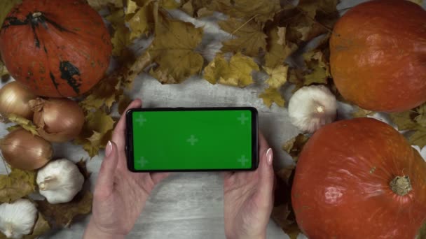 There is a green screen phone in horizontal orientation and woman who touches it amongst fall design — Αρχείο Βίντεο