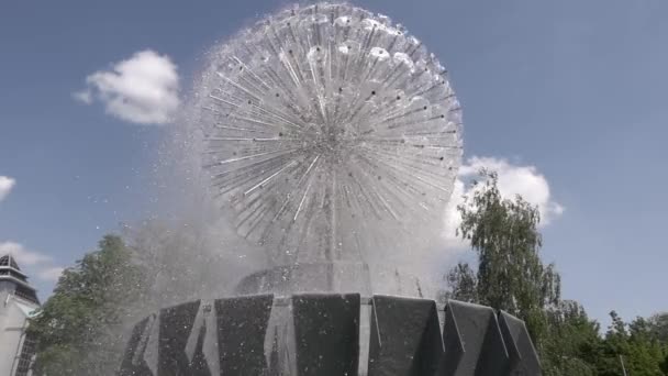 Fontána ve formě koule rozstřikuje vodu za letního dne ve zpomaleném filmu — Stock video