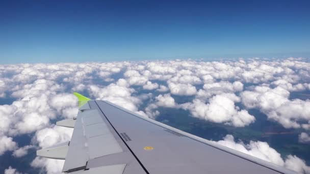 Aufnahme des Flugzeugflügels aus dem Fenster, der über Wolken am blauen Himmel fliegt — Stockvideo
