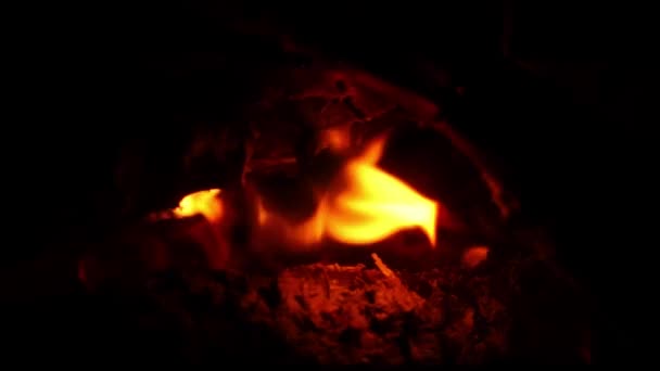 Detailní záběry dřeva na podpal s plameny a hořícími trámy natočené ve zpomaleném filmu — Stock video