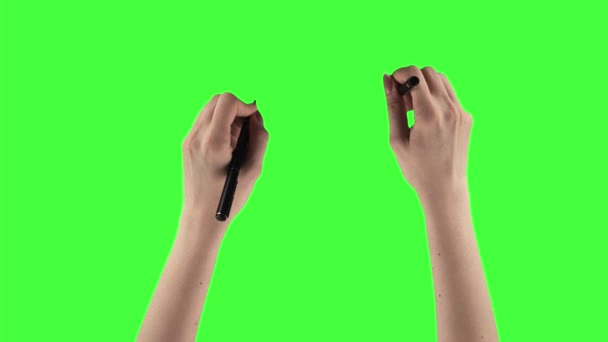 녹색 화면 배경에 펜으로 쓰고 있는 여성 손이 만든 24 개의 제스쳐 팩 — 비디오