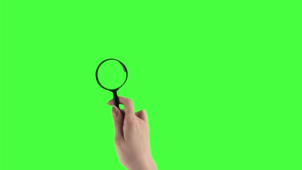 Man and woman hands are holding magnifier glass and moving it on a green screen background — Stock Video