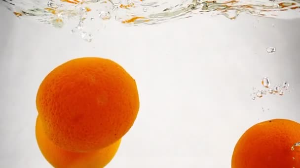 明るいオレンジは泡で水を水中に沈めた。分離した白色の背景にゆっくりとした動きで果実柑橘類. — ストック動画