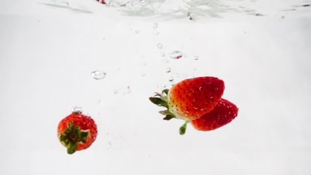 Jordgubbar faller och virvlar i vattnet. Slow motion på vit isolerad bakgrund. — Stockvideo